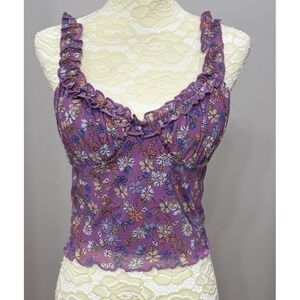 Womens M Babydoll Cami Crop Top Purple Floral Mesh Sweetheart Neck Coquette Y2K